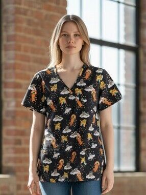 Black V-Neck Scrub Top with Colorful Cats Print In Euc